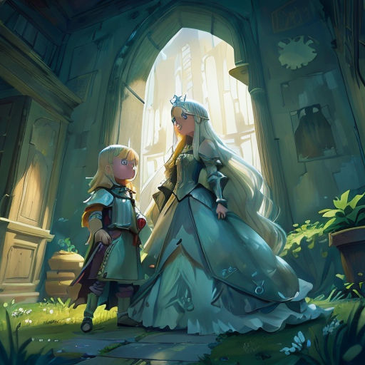 a couple of people standing in front of a doorway in a building with a light shining on them and a woman in a dress