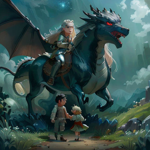 a man riding on the back of a black dragon next to a woman on a horse in a forest