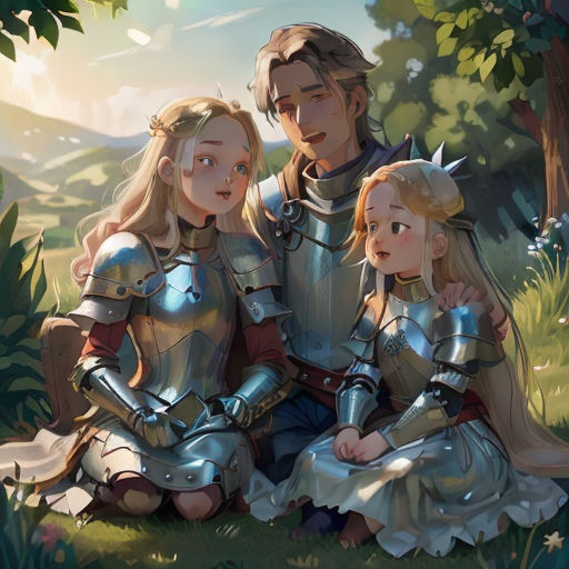 a family of three sitting on the ground in a forest with trees and grass behind them, all dressed in armor