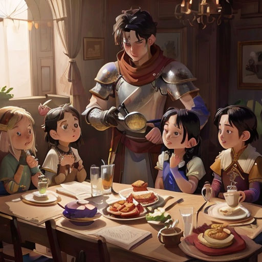 a group of children sitting around a table eating food and drinking tea and coffee while a man in a knight costume stands behind them