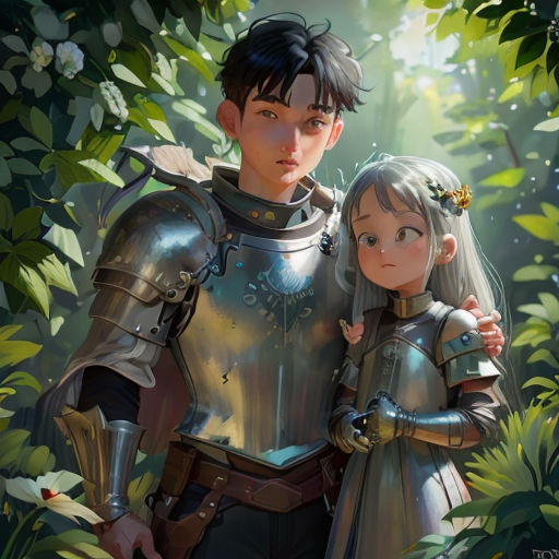 a couple of people standing in a forest with trees and plants behind them, one of them is holding the other