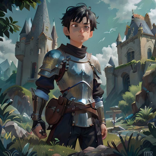 a man in armor standing in front of a castle with a sword in his hand and a helmet on his head