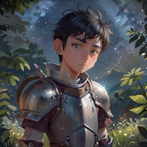 a young boy in armor standing in the woods with a star in the sky behind him and a forest behind him