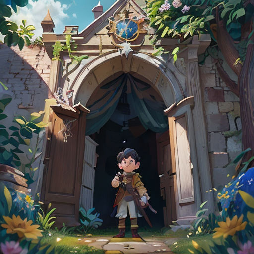 a boy standing in front of a castle entrance with a sword in his hand and a flowery bush in the foreground