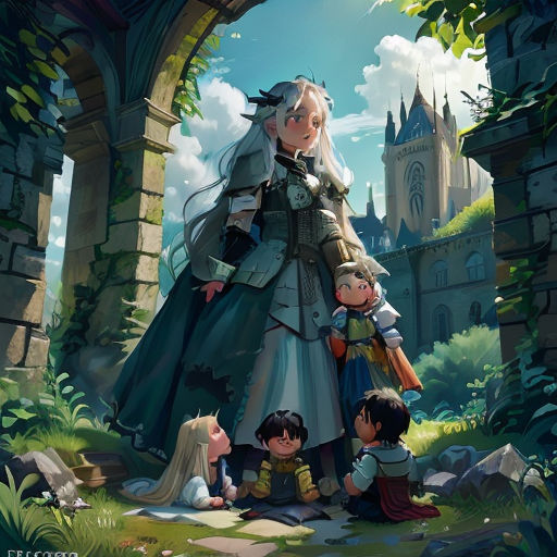 a woman in a long dress standing next to children in a forest with a castle in the background and a sky background