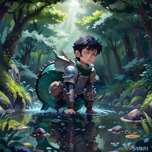 a boy in a forest with a sword and armor on his knee, standing in the water, with a green background