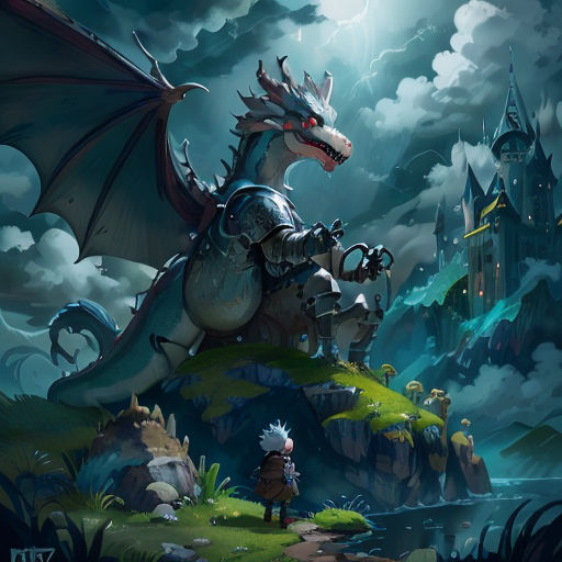 a dragon with a castle in the background and a man standing on a hill next to it, with a dragon on the ground
