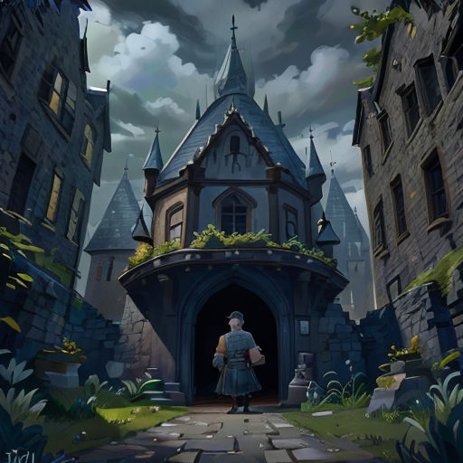 a cartoon of a woman walking into a castle with a giant clock tower in the background and a dark sky