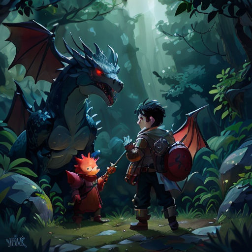 a boy and a dragon in a forest with a red light on his face and a red light on his chest