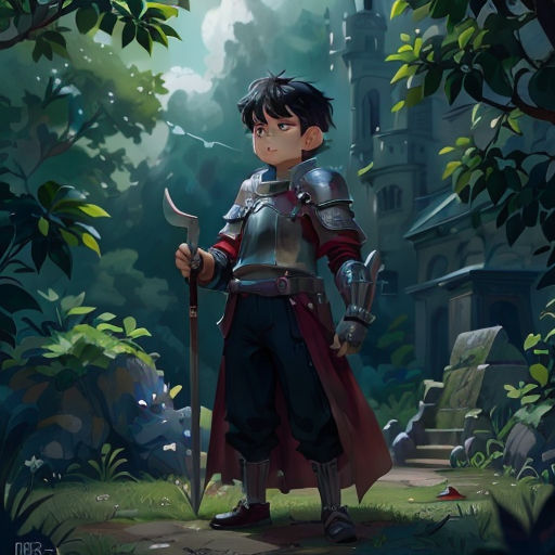 a boy in a knight outfit holding a sword and a shield in a forest with a castle in the background