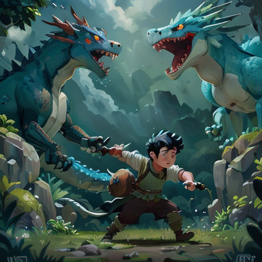 a boy and a dragon in a jungle with a sky background and clouds in the background, with a man holding a sword