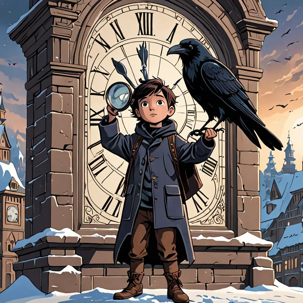 a boy holding a magnifying glass in front of a clock tower with a crow on it's arm, process art, a storybook illustration, Cliff Childs, comic cover art