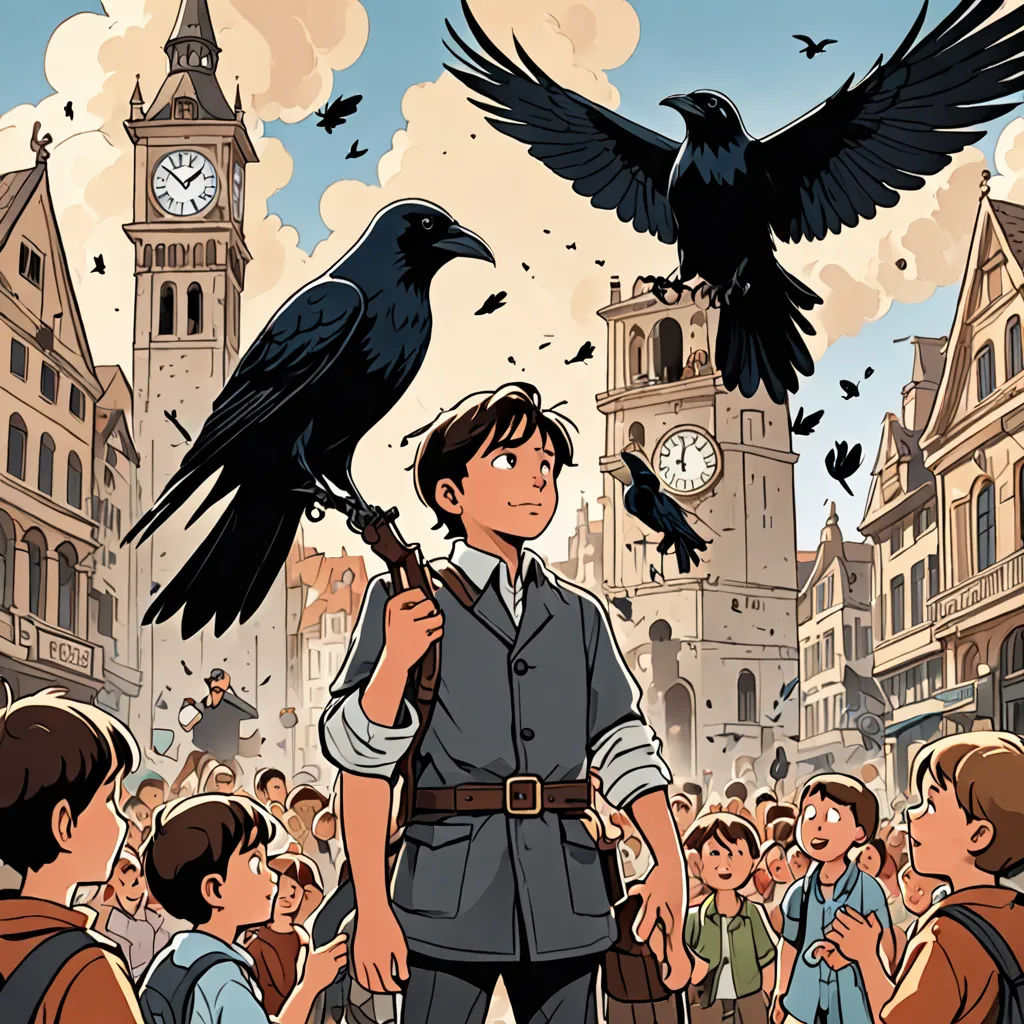 a man holding a bird in front of a crowd of people in a city with a clock tower in the background, process art, a storybook illustration, Diego Gisbert Llorens, comic cover art