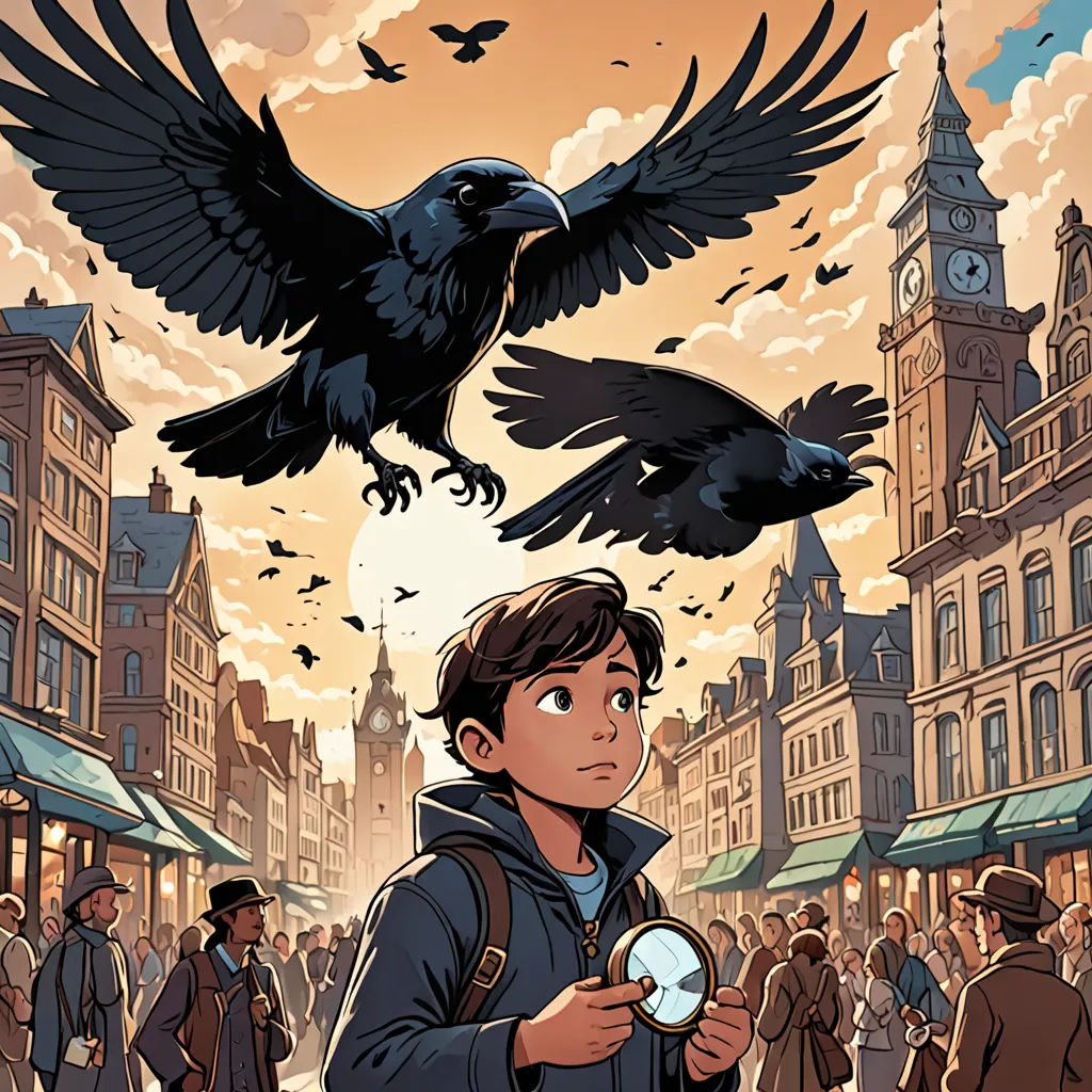 a boy is looking at a bird on his head and a bird on his shoulder is flying above him, process art, a comic book panel, Cliff Childs, comic cover art