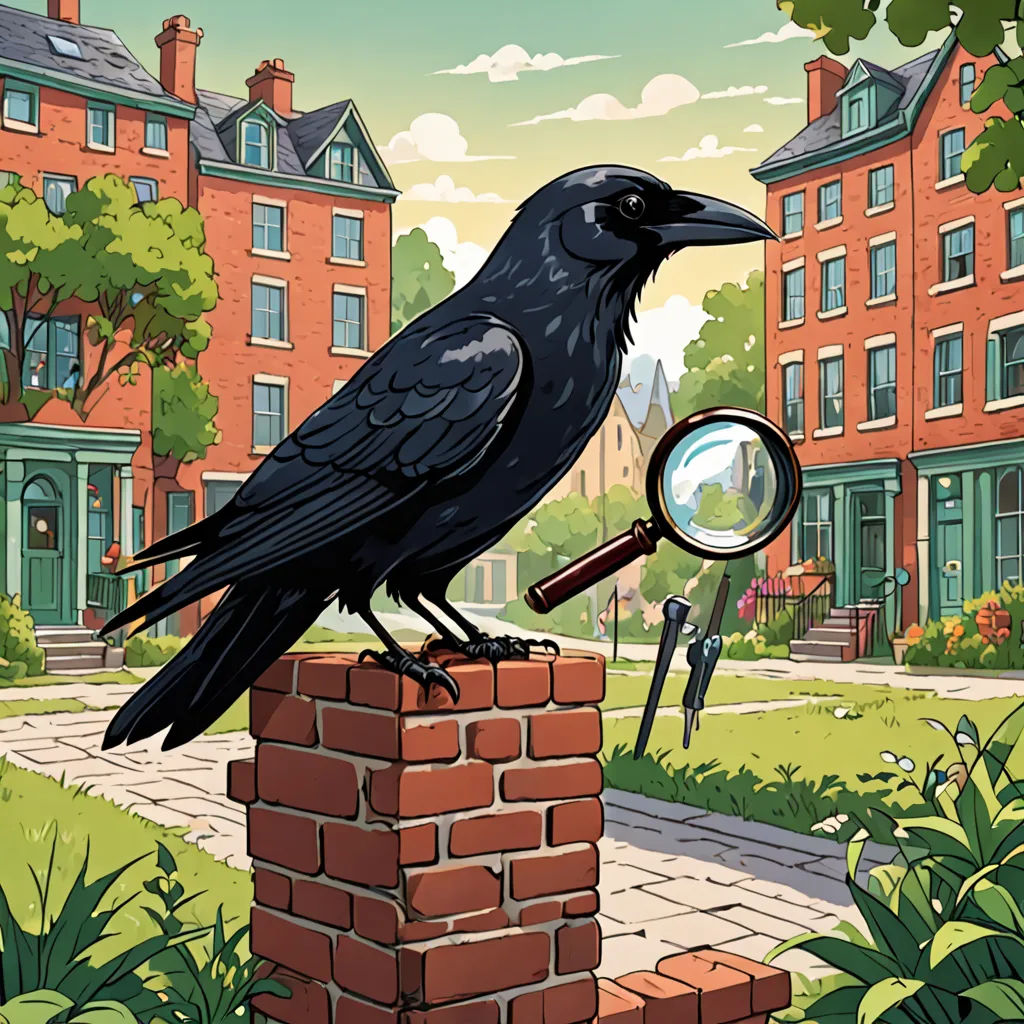 a black bird sitting on top of a brick wall next to a magnifying glass in a city, serial art, a storybook illustration, Chris LaBrooy, promotional image
