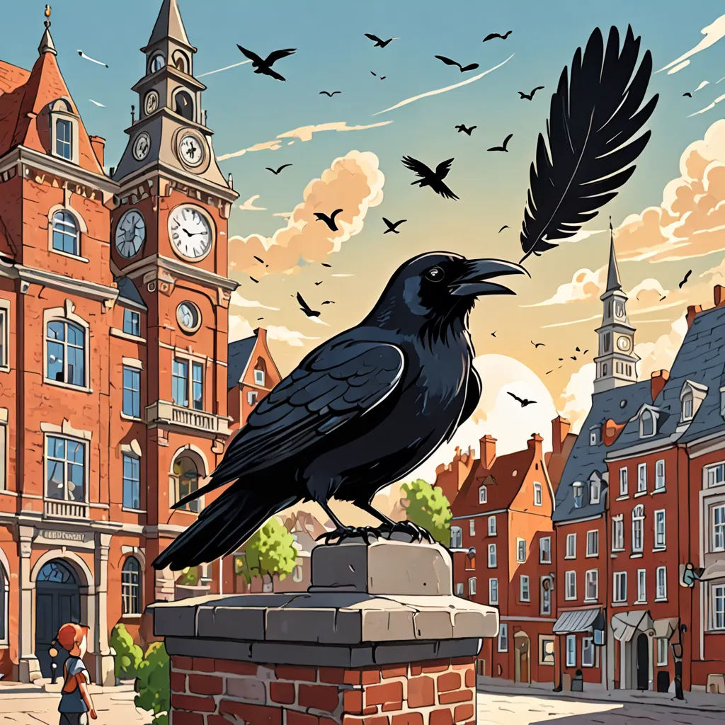 a black bird sitting on top of a brick wall next to a clock tower and a clock tower with a clock, american scene painting, a storybook illustration, Charles Bird King, high detail illustration