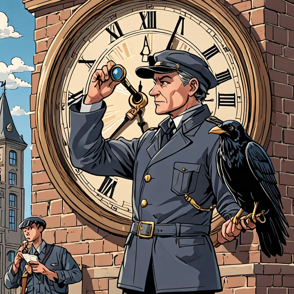 a cartoon of a man in uniform holding a bird in front of a clock tower with a man in uniform standing next to him, symbolism, a storybook illustration, Dan Mumford, high detail illustration