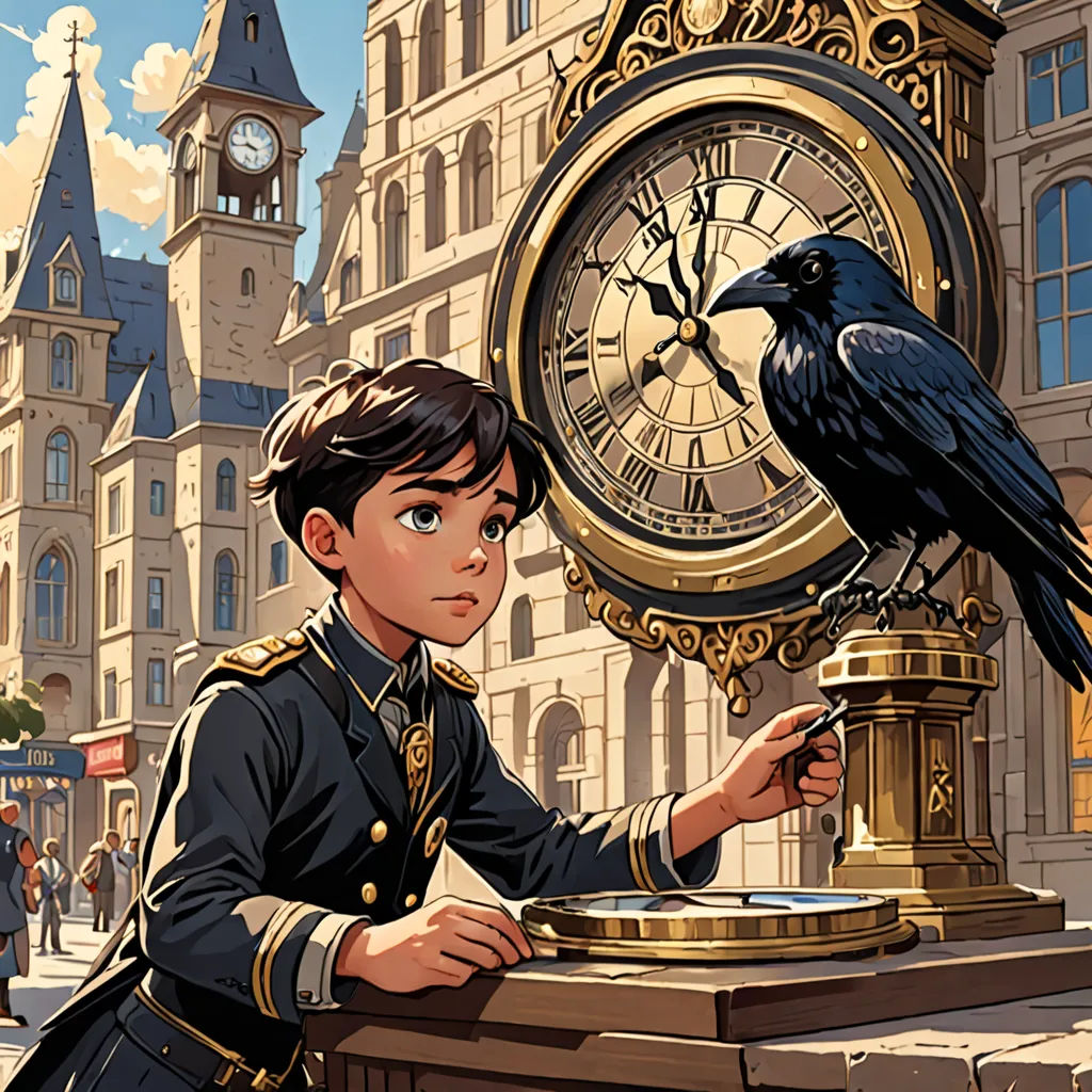 a boy in uniform is next to a clock and a bird on a post with a clock in the background, fantasy art, a storybook illustration, Aaron Jasinski, rossdraws global illumination