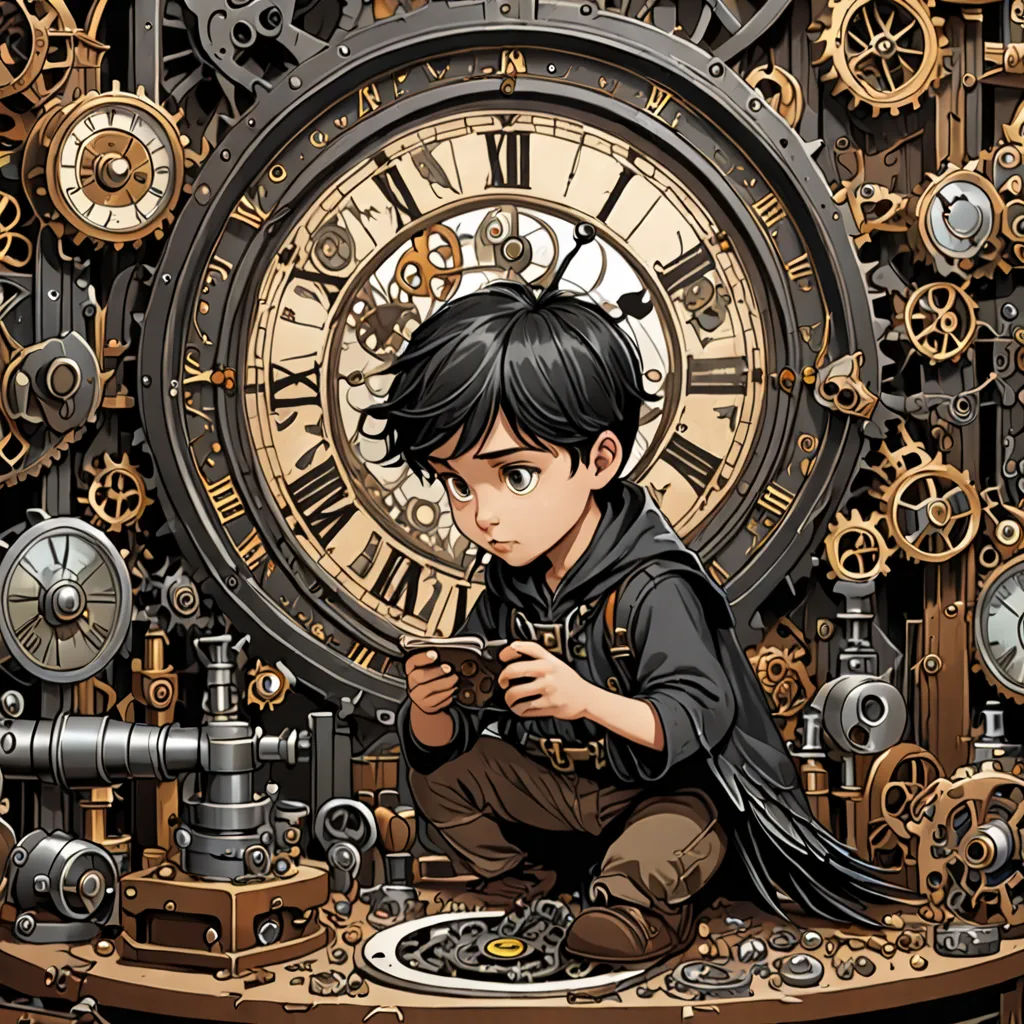 a boy sitting on a table in front of a clock with gears all around him and a camera in his hand, fantasy art, computer graphics, Cedric Seaut (Keos Masons), steampunk