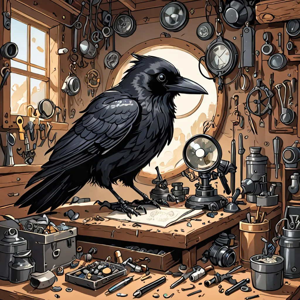 a black bird sitting on top of a wooden table next to a window and a clock on a wall, fantasy art, a storybook illustration, Dan Mumford, highly detailed digital art