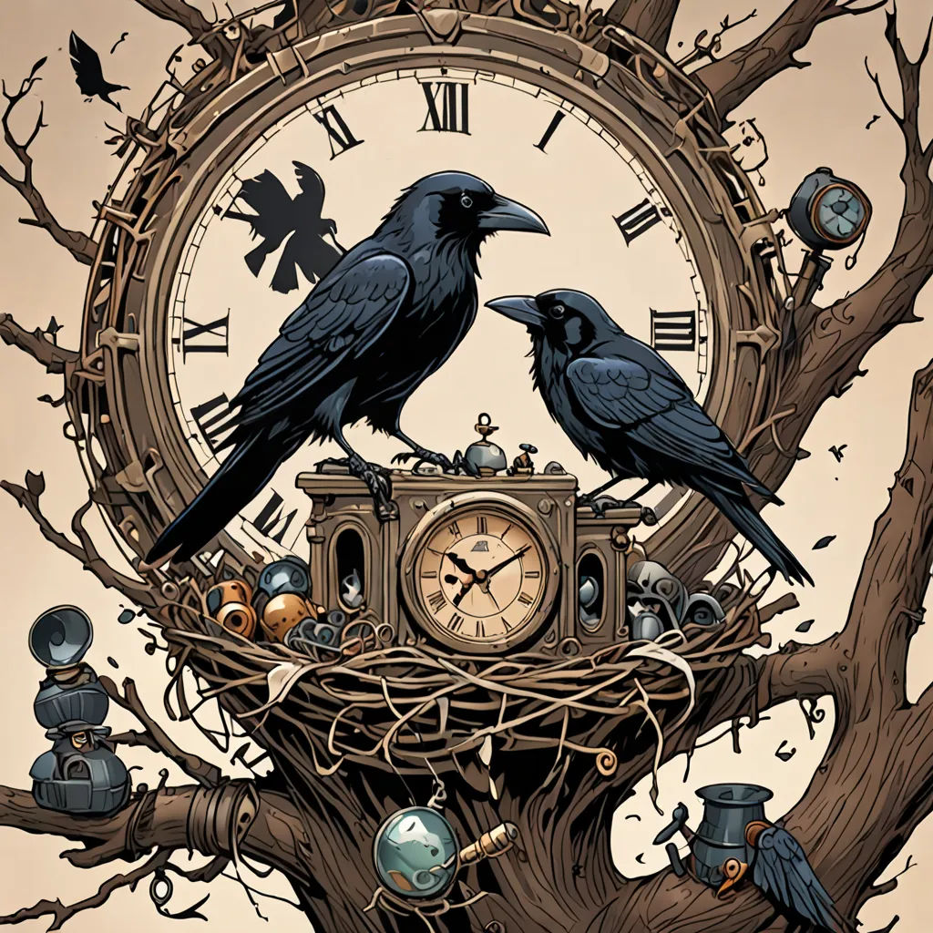 a clock with two crows sitting on top of it next to a tree with branches and a clock face, gothic art, a storybook illustration, Craola, highly detailed digital art