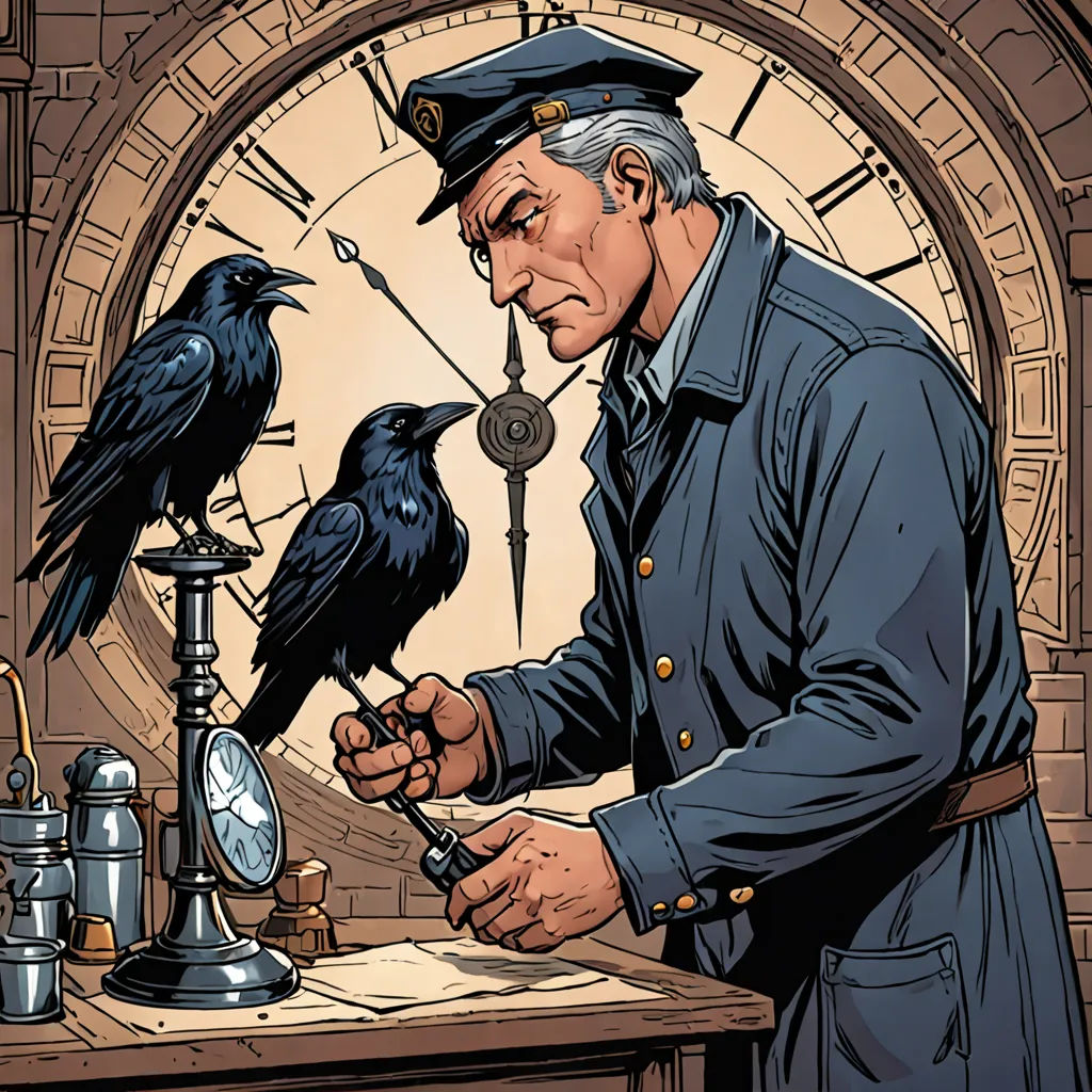 a man in a blue uniform is looking at a crow on a table next to a clock and a clock, private press, a comic book panel, Cliff Childs, western comic book art