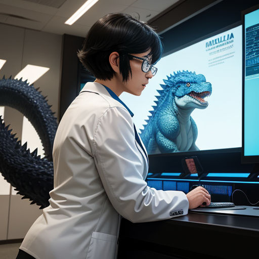 a woman in a lab coat is looking at a computer screen with a dinosaur on it and a godzilla on the screen