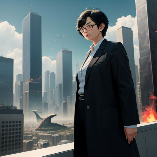 a woman in a suit and tie standing on a balcony with a city in the background and a fireball in the air