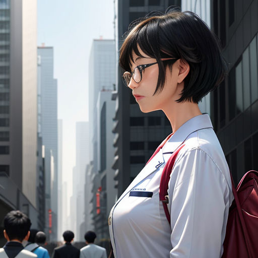 a woman with glasses and a backpack on a city street with buildings in the background and people walking on the sidewalk