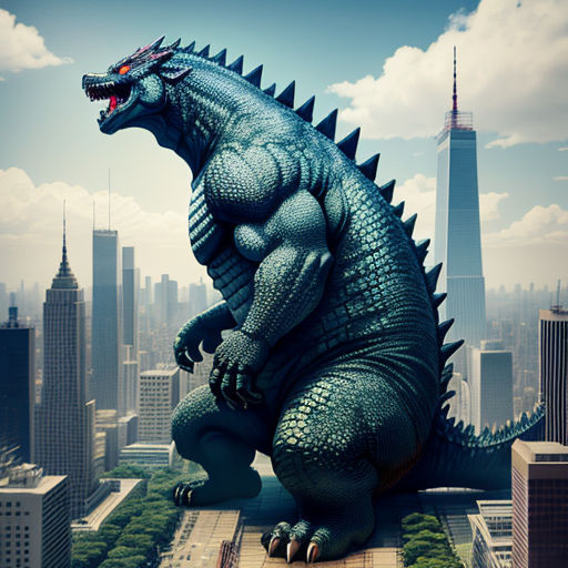 a large godzilla statue on top of a building in a city with tall buildings in the background and a sky scraper