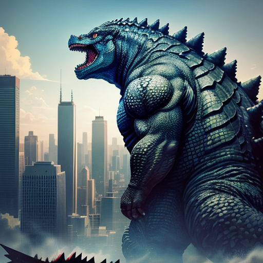 a godzilla is standing in front of a city skyline with skyscrapers and clouds in the background, with a city skyline in the background