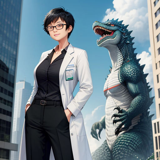 a woman in a lab coat standing next to a godzilla statue in a city with skyscrapers in the background