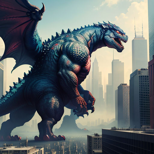 a large dragon is standing on a city rooftop with skyscrapers in the background, with a city skyline in the foreground