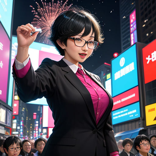 a woman in a suit and tie holding a cigarette in a crowded city street at night with fireworks in the sky