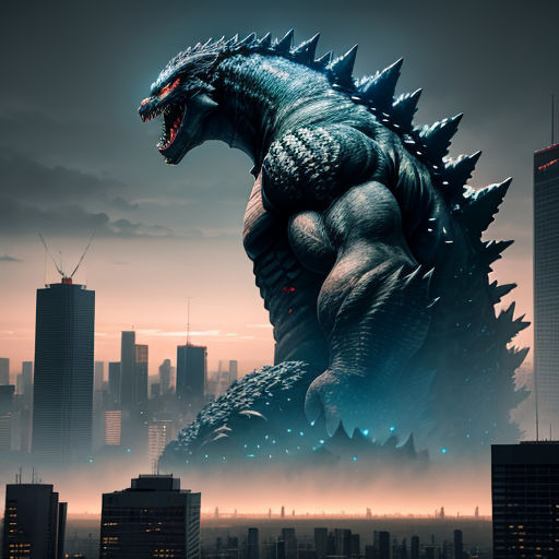 a godzilla is standing in front of a city skyline with skyscrapers and a cityscape in the background