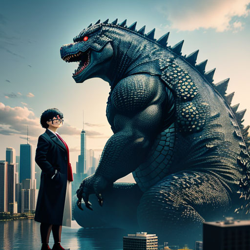 a woman standing next to a godzilla statue in a city setting with skyscrapers in the background and a man in a suit standing next to the godzilla statue