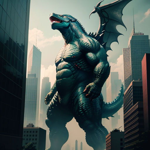 a large godzilla standing in a city with tall buildings in the background and a sky background with clouds and buildings
