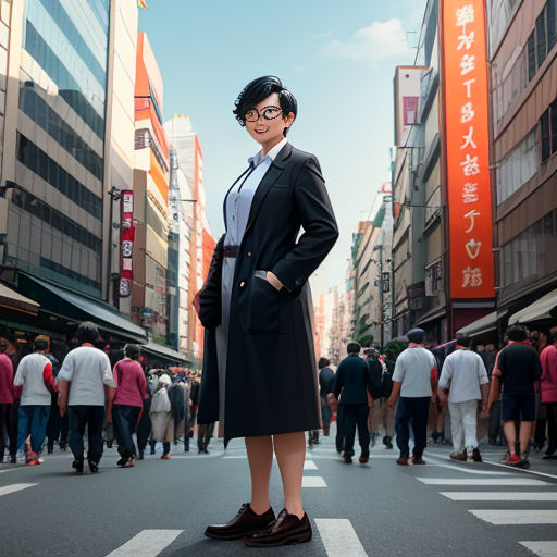 a woman in a business suit standing in the middle of a street with people walking around her and buildings in the background
