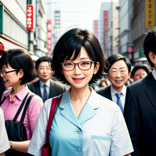 a group of people standing in a line on a street with buildings in the background and a woman in a blue shirt and tie