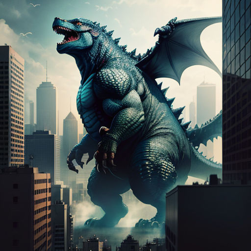 a godzilla is standing in the middle of a city with tall buildings and skyscrapers in the background, with a large, black, muscular, muscular, winged,
