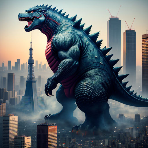 a godzilla is standing in front of a city skyline with skyscrapers and a skyscraper building in the background
