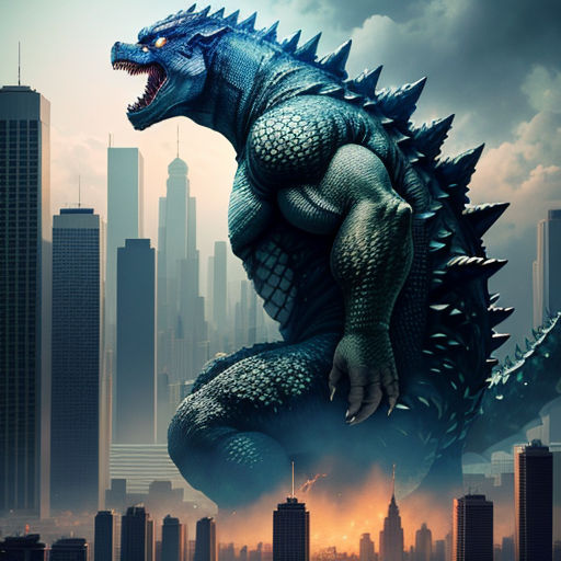 a godzilla is standing in front of a city skyline with skyscrapers and a large building in the background