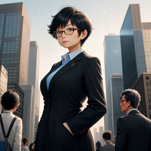a woman in a suit and glasses standing in front of a group of people in a city with skyscrapers