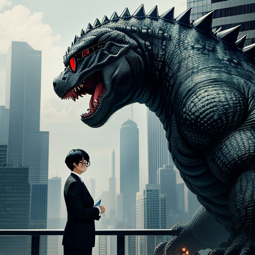 a woman standing next to a giant godzilla in a city with skyscrapers in the background, with a man in a suit looking at a cell phone