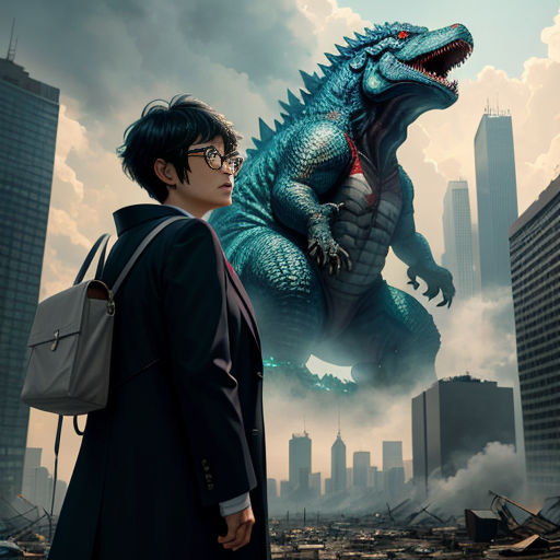 a man standing next to a godzilla in a city with skyscrapers in the background and a woman looking at it