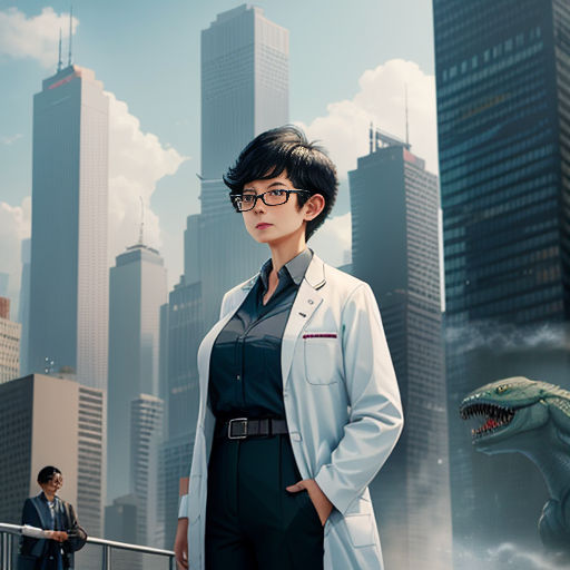 a woman in a lab coat standing in front of a cityscape with a dinosaur in the background