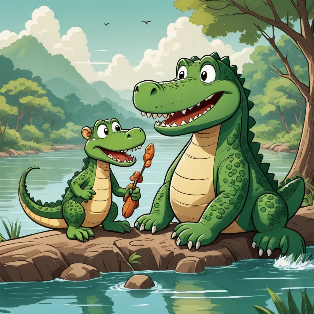 a couple of alligators are sitting on a rock by the river and eating a carrots illustration by a cartoon style, sots art, a storybook illustration, Andries Both, storybook illustration