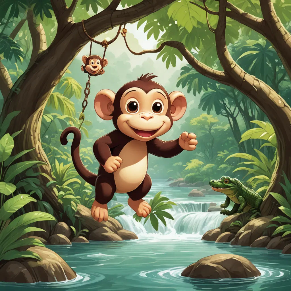a monkey hanging from a tree above a river in a jungle with a crocodile and a monkey hanging from a tree, naturalism, a storybook illustration, Chris LaBrooy, jungle