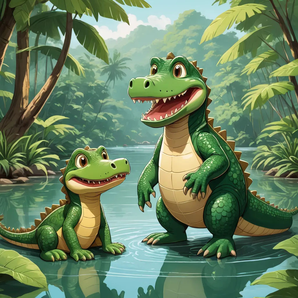 a couple of alligators are in the water together in the jungle with trees and plants around them and a pond, sots art, a storybook illustration, Andries Both, storybook illustration
