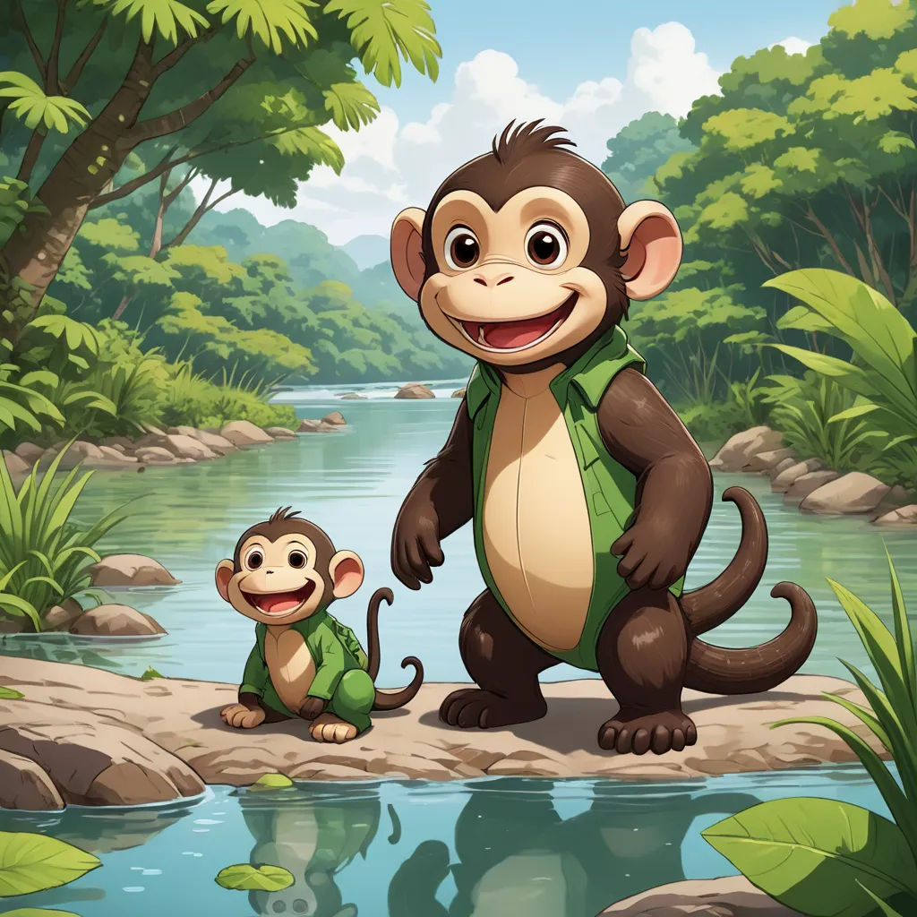 a monkey and a monkey in a jungle by a river with a monkey on the bank of the river, sots art, a storybook illustration, Diego Gisbert Llorens, jungle